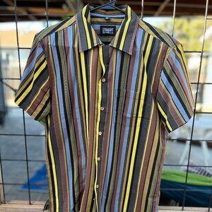 Straight To Hell “Parallel Lines” Burgundy Striped Camp Shirt • Medium